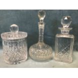 Two heavy cut glass decanters & stoppers - square whiskey type and sherry; and a large cut glass