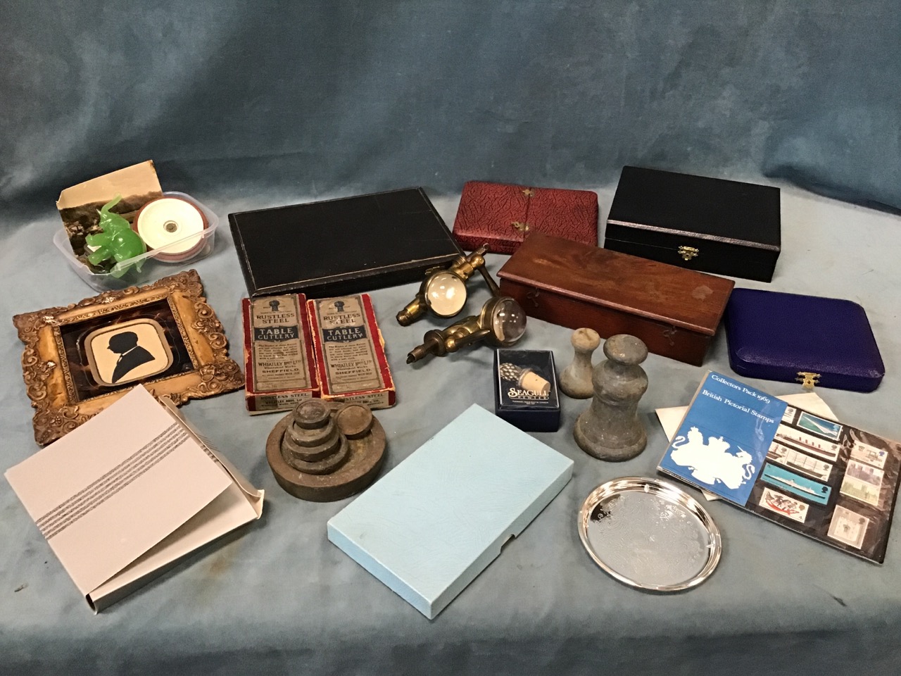 Miscellaneous items including cased sets of EPNS cutlery, teaspoons, boxed knives, a pair of brass