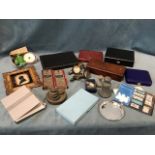 Miscellaneous items including cased sets of EPNS cutlery, teaspoons, boxed knives, a pair of brass