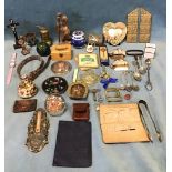 Miscellaneous collectors items including a mauchline box, three glass paperweights, spoons, an