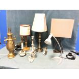 Seven miscellaneous table lamps - modern with rectangular shade, gilded classical vase with winged