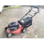 A Mountfield rotary garden lawnmower with power drive, petrol engine, fabric grassbox, four