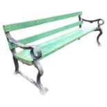 A 6ft metal garden bench, with battens to back and seat, on heavy cast iron supports with sabre legs