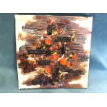A 70s German square Graf Keramik tile panel, moulded in relief and hand-glazed in orange, yellow &