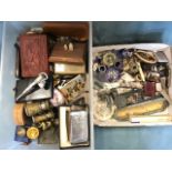 Two boxes of collectors items including miniature cloisonné, tools, a glass paperweight, Victorian