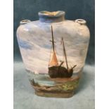 A late nineteenth century stoneware flask handpainted with coastal landscape scene, with sailing