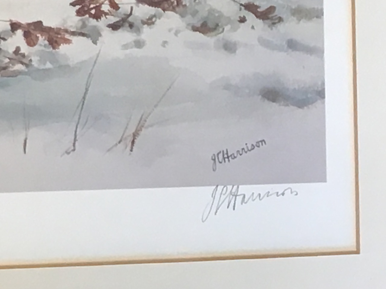 JC Harrison, lithographic coloured print, cock pheasant and woodcock in snowy landscape, signed - Image 2 of 3