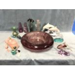 Miscellaneous glass including a large Sowerby bowl, four art glass fish, a frosted figurine, scent