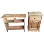 A pine bedside cabinet with moulded top above a knobbed drawer and fielded panelled door, with