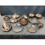 Miscellaneous silver plated tureens & covers, waiters, a muffin dish & cover, a basket dish with