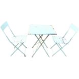 A square folding garden table and matching pair of chairs, the table on angled legs, the chairs with