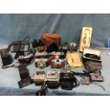 Three boxes of miscellaneous cameras, binoculars & telephones - military, 35mm, a cased Olympus,