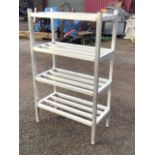 A rectangular 3ft aluminium storage rack with four slatted shelves on square-section column