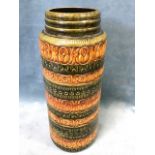 A mid-century West German pottery tubular floor vase, embossed in relief with green and orange bands