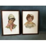 A pair of rectangular European painted porcelain panels of young ladies, unsigned and framed. (7.5in