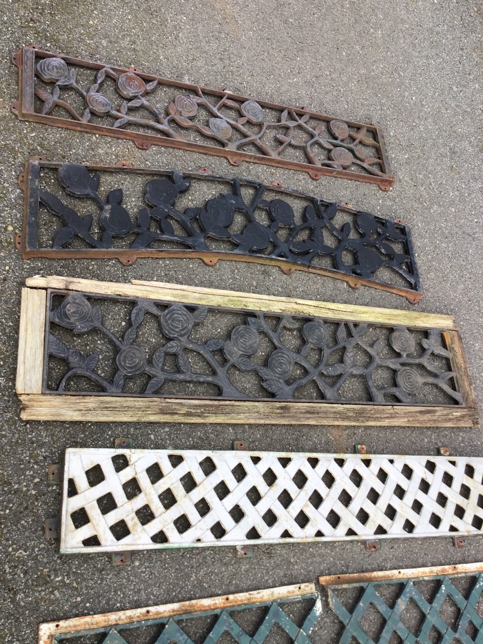 Eight metal grill type rectangular cast iron panels from garden seats, some with entwined foliage, - Image 2 of 3