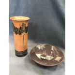 A contemporary studio pottery raku fired bowl with sgraffito glazed bird decoration, signed