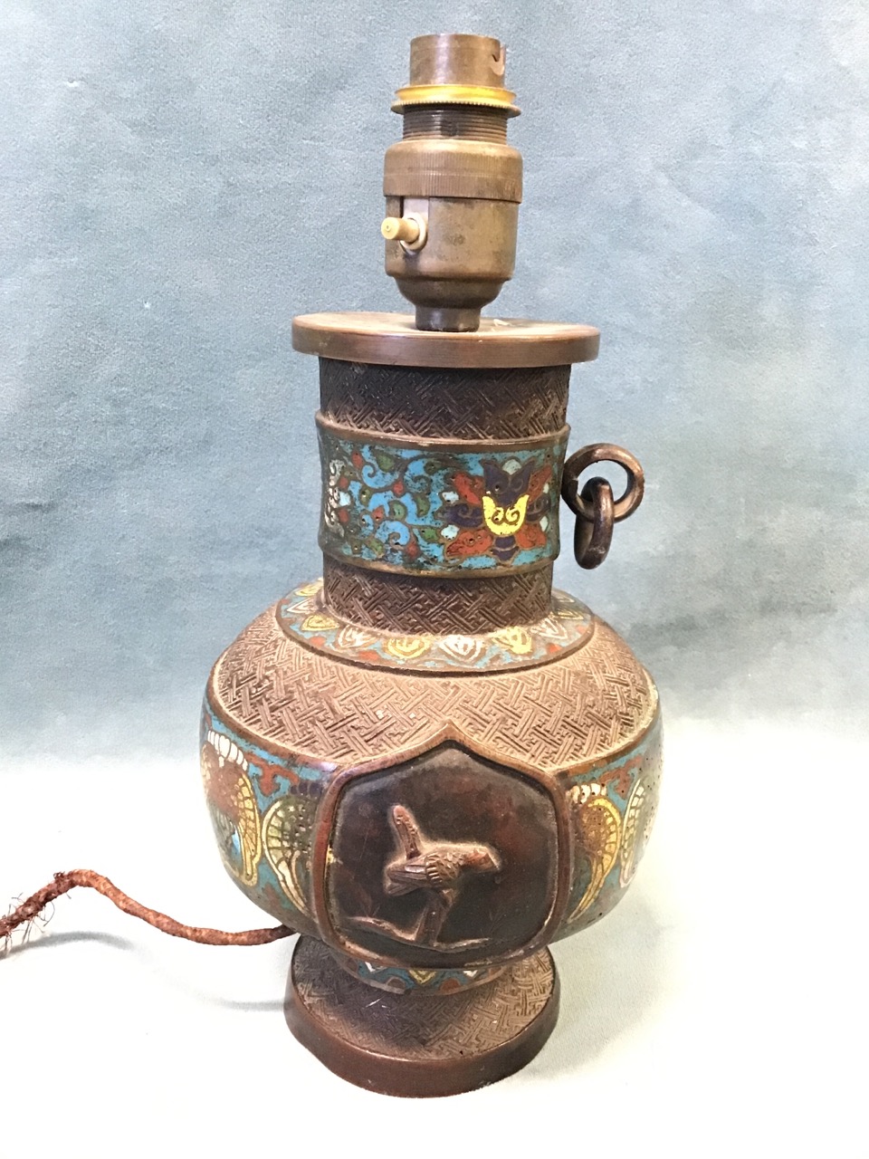 A nineteenth century bronze cloisonné vase converted to a tablelamp, with three bands of stylised - Image 2 of 3