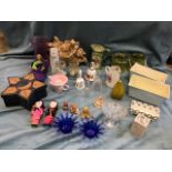 Miscellaneous items including vases, bells, dolls, ornaments, a star/moon box, a pair of glass