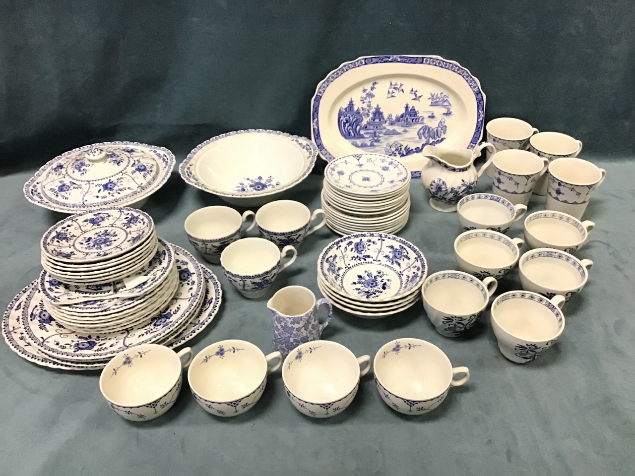 Two blue & white Staffordshire tea and dinner services decorated in the Danish Furnivals and