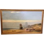 Ralph R Stubbs, oil on canvas, coastal view with Bamborough Castle, figures in foreground on beach