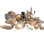 Miscellaneous silver plate, pewter, stainless steel, etc., including a candelabra, tankards, a domed