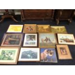 A box of framed coloured prints - landscapes, still lifes, Victorian, old master style, oleograph,