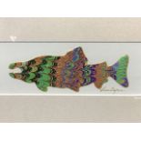 Sue Zajac, enamelled illustration of an Alaskan salmon with marbled papers, signed, mounted & gilt