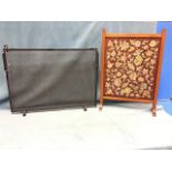 An oak framed firescreen with handsewn woolwork tapestry panel; and a rectangular modern mesh