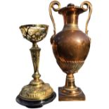 A large regency copper urn & cover, the scrolled handles with bearded mask mounts, having lozenge