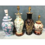 Four chinoiserie ceramic vase type tablelamps - family verte on carved stand, cloisonné style on