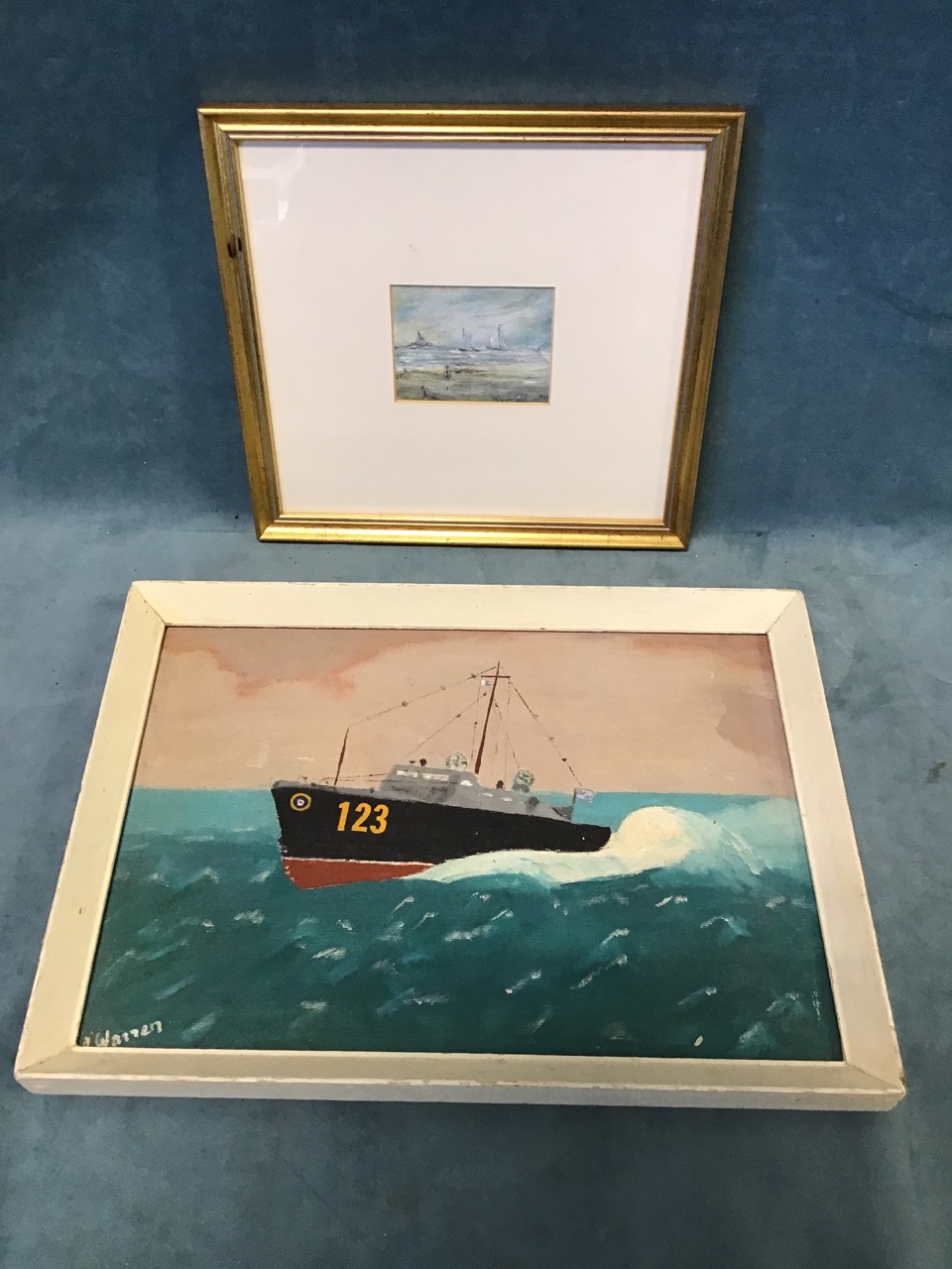 Frank Burke, oil on board, coastal scene with figure and sailing boats, mounted & gilt framed; and
