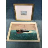 Frank Burke, oil on board, coastal scene with figure and sailing boats, mounted & gilt framed; and