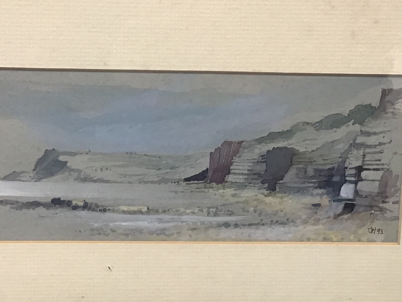 John Hutchinson, watercolour, Lindisfarne coastal view, signed with monogram, labelled to verso, - Image 3 of 3