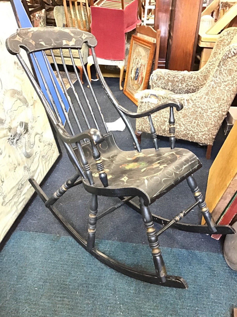 An unusual nineteenth century rocking chair in original painted finish with ribbon scrolling on - Image 3 of 3