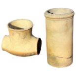 A large stoneware tubular chimney pot with moulded rim - 25in; and a bulbous stoneware pipe with