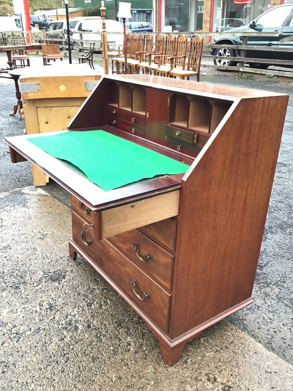 A George III style mahogany bureau, the moulded fallfront enclosing a fitted interior with central - Image 3 of 3