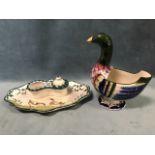 A Wemyss spoonwarmer in the form of a glazed duck on socle base - impressed mark; and a Wemyss