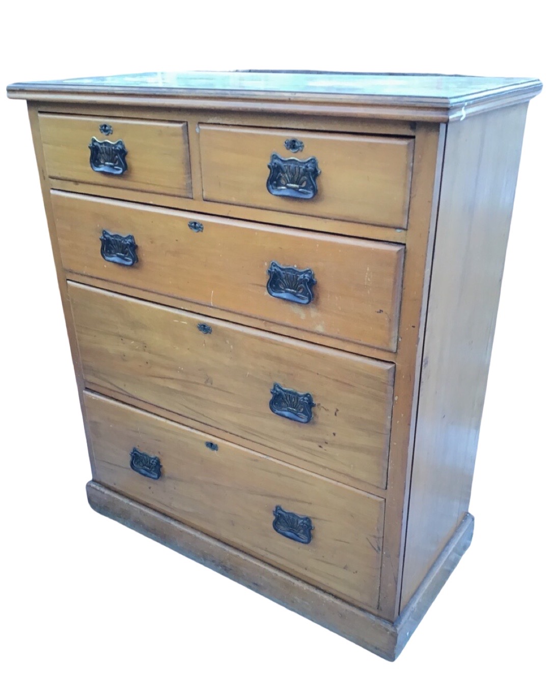 A late Victorian satin walnut chest of two short and three long graduated drawers, the rectangular