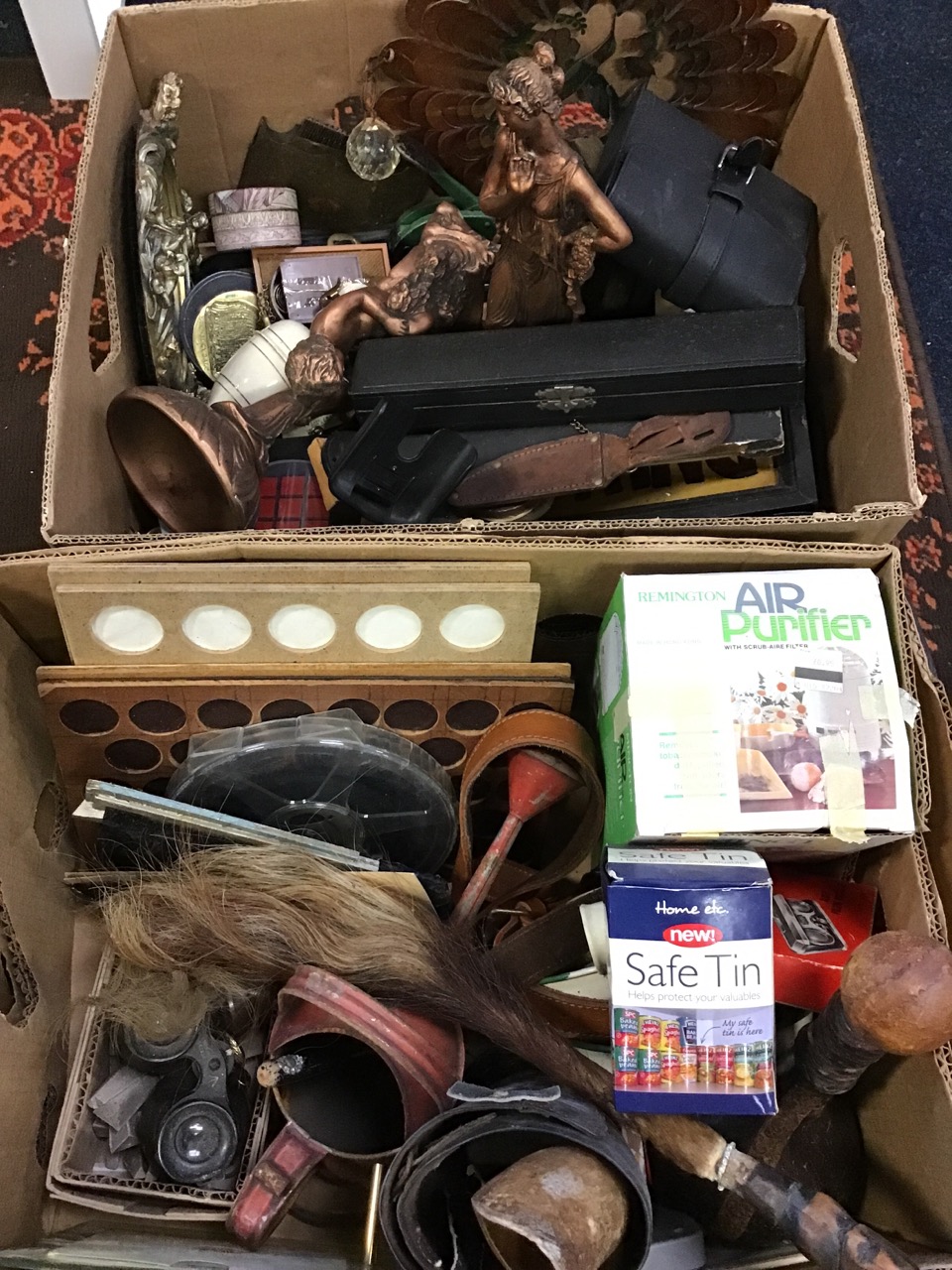 Three boxes of miscellaneous collectors items including coin trays, tin, wartime binoculars, leather - Image 3 of 3