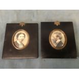 A pair of oval miniatures in ebonised frames with brass acorn & oakleaf mounts, Henry & Mary