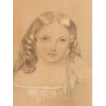 SA Saxelby, pencil & pastel, bust portrait of a young girl on buff paper, signed, in acanthus
