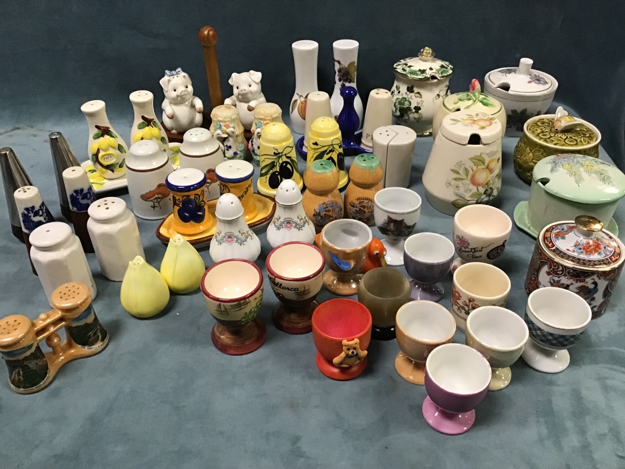 A collection of cruets, egg cups and jampots & covers - novelty, Royal Worcester, Masons, Paragon,