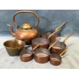 A set of six graduated copper pans riveted with angled brass handles - pierced for hanging; a