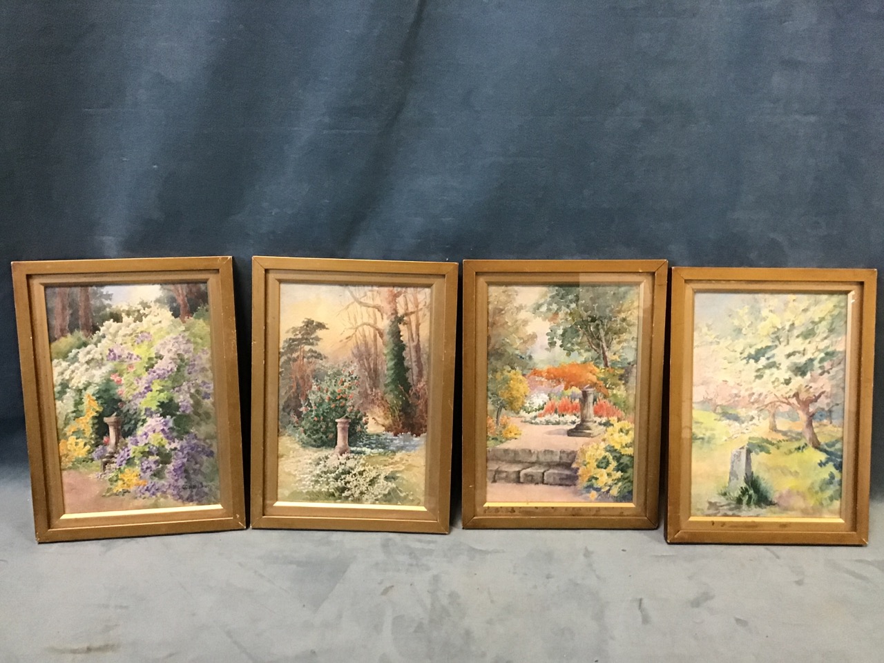 GG Holland, Edwardian watercolours, a set of four floral garden landscapes, each with different