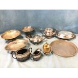 Miscellaneous silver plate including teapots, cake baskets with swing handles, a circular drinks
