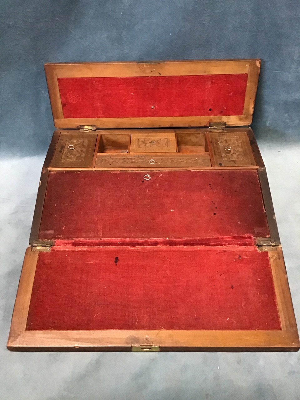 A late Victorian anglo-indian writing box, with two hinged covers carved with animal and birds - Image 2 of 3