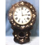 A Victorian wallclock in scalloped case with mother-of-pearl inlaid and painted floral decoration on