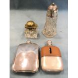 A silver plated hipflask with ball screw stopper; a square glass inkwell with hinged cover in the