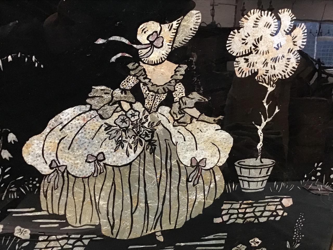 A 50s pressed silver foil silhouette picture depicting bonneted crinoline lady in garden on black - Image 3 of 3